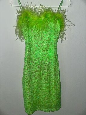 Windsor Lime Green Sequin Strapless Feather Trim Dress